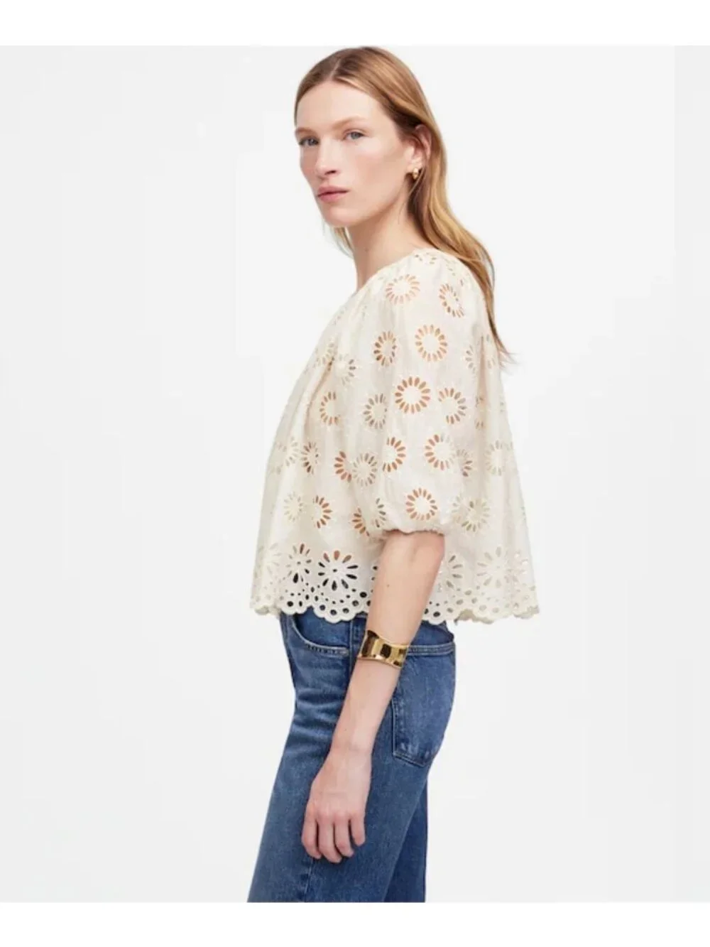 NWT Madewell Embroidered Shirred Puff-Sleeve Top - Size: Medium